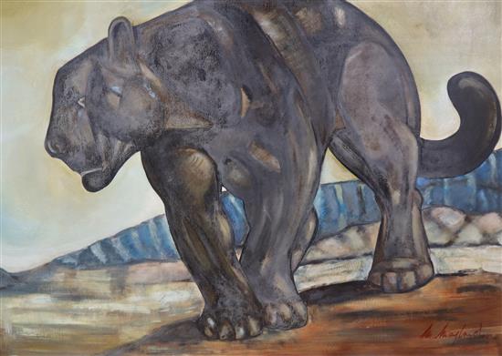 M. Mayland, oil on board, Black panther in a landscape, signed, 84 x 121cm